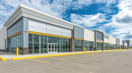 Obraz premium Modern Commercial Retail Building with Large Windows, Ample Parking, and Clear Blue Sky Overhead