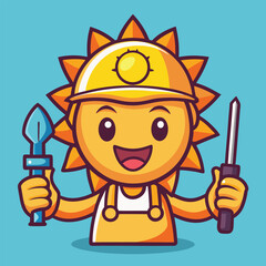 Cartoon sun character wearing hard hat and holding tools