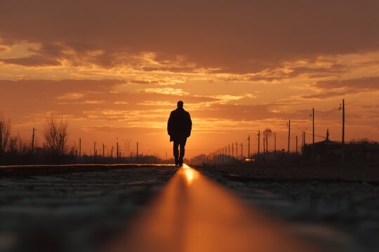 Man Walks Alone on Railway Tracks at Sunset, Capturing a Moment of Reflection Generative AI
