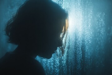 Silhouette of a Person Behind Frosted Glass With Moody Backlight Conveying Deep Emotions and Solitude Generative AI