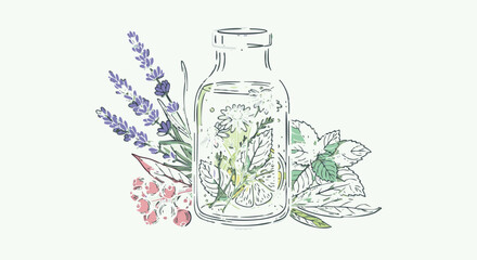 Hand drawn botanical illustration of infused water with lavender mint and chamomile sketch style