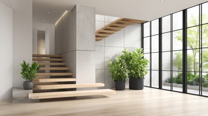 Obraz premium Modern Interior with Floating Staircase, Concrete Walls, and Natural Light from Large Windows