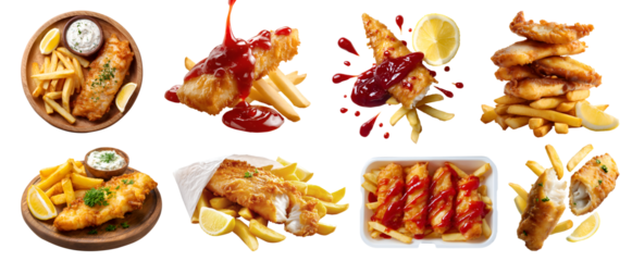 Set of fish and chips french fry fries, fried battered, stack pile broken bitten pieces, wood serving board, styrofoam box, paper wrap, ketchup dip sauce, on transparent cutout PNG. Mockup for design.