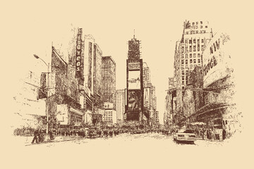 Times Square, New York illustration in a vintage style. This vector illustration can be used in any size you like for advertising, logos, and other work.