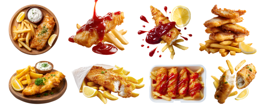 Set of fish and chips french fry fries, fried battered, stack pile broken bitten pieces, wood serving board, styrofoam box, paper wrap, ketchup dip sauce, on transparent cutout PNG. Mockup for design.