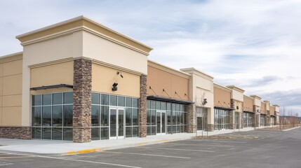 Obraz premium Modern Commercial Strip Mall Facade with Empty Storefronts and Parking Lot on a Cloudy Day