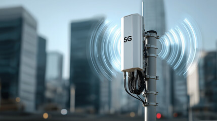 Small antennas on urban poles supporting 5G LTE technology to distribute signal coverage to specific
