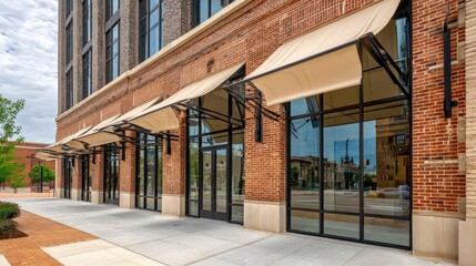 Storefronts with Awnings: Modern Brick Building Facade with Retail Space, Commercial Real Estate