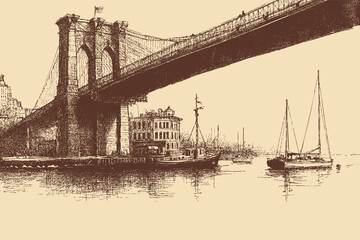 Brooklyn Bridge, New York illustration in a vintage style. This vector illustration can be used in any size you like for advertising, logos, and other work.