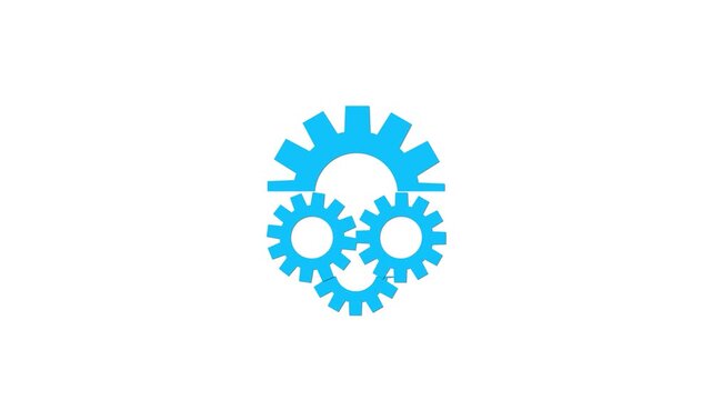 Three blue gears interlocking and rotating on a white background symbolizing teamwork and progress