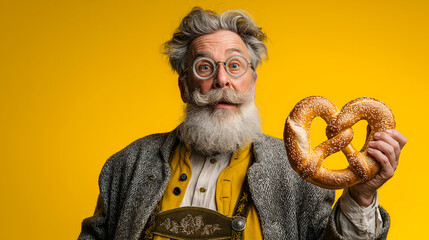 Bearded middle-aged man in lederhosen holds a large pretzel, showcasing traditional attire and joyful expression against a vibrant yellow background, celebrating cultural heritage
