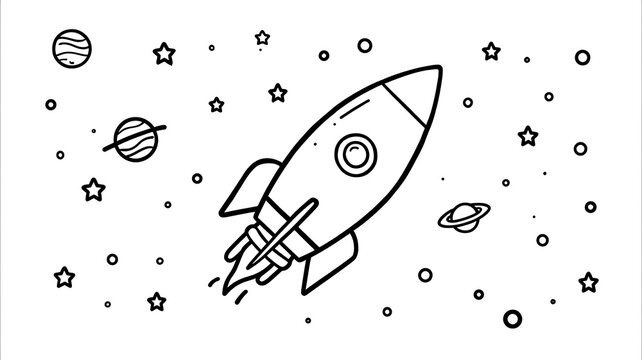 A black and white line art illustration of a rocket ship surrounded by planets and stars.