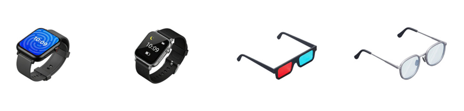 A black and white smartwatch with a digital display and a black strap, a pair of 3D glasses with a red and blue tint