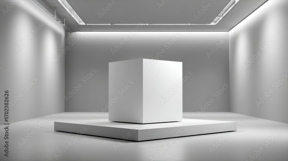 Poster minimalist white cube on platform in illuminated room, ideal for product display or abstract concept
