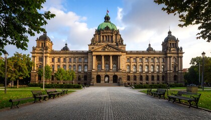 Obraz premium Grand European building in a park at dawn