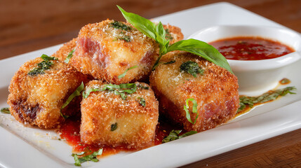 Golden fried cheese cubes lie on tomato sauce and basil leaves. Basil leaves top the cheese cubes on the white plate. Tomato sauce covers parts of the cheese and basil.