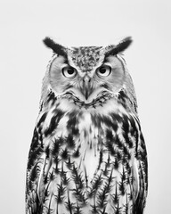 Vertical grayscale owl close-up with piercing eyes