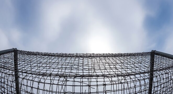 Low angle view of a sports net against a bright sky.