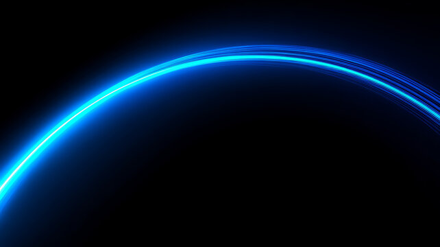 A brilliant blue light trail curves upward against a dark background, showcasing energy and motion.