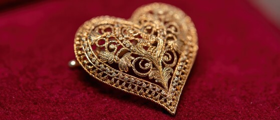 Vintage Gold Heart Brooch on Red Velvet