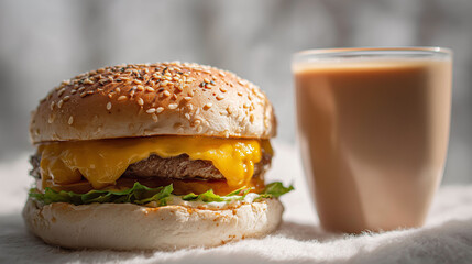 A cheeseburger with cheese sits next to a cup. The cheeseburger features sesame seeds on the bun. Beside the cheeseburger, the cup contains a brown liquid.
