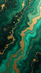 An elegant abstract artwork with a mesmerizing emerald green and shimmering gold color scheme creating the illusion of flowing marble, a harmonious blend of textures.