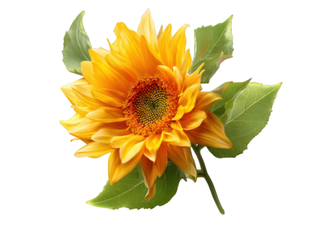 Bright yellow sunflower with green leaves on black orange, Isolated On Png Transparent Background