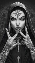 Black and white digital art depicting a tattooed young, beautiful nun with a large cross on her forehead making gang signs with her hands