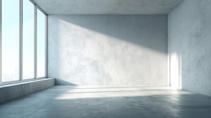 Empty Minimalist Room Interior with Concrete Walls, Floor, and Large Windows Featuring Natural Light