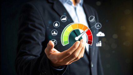 Businessman holding speedometer gauge for performance measurement and optimization, representing business growth and success in achieving goals