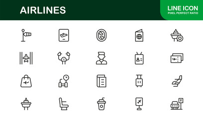 Airlines Travel Aviation Professional Line Icon Set – Modern Minimal Outline Vector Icons for Premium Designs