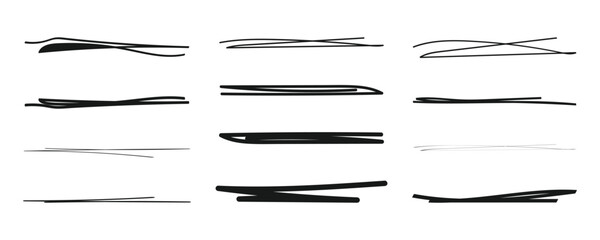 Hand drawn underline set. Marker brush strokes collection. Scribble doodle lines for text highlight. Black ink sketch dividers. Abstract graphic design elements.
