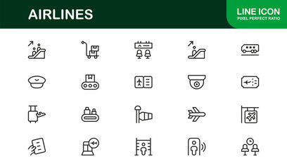 Airlines Travel Aviation Professional Line Icon Set – Modern Minimal Outline Vector Icons for Premium Designs
