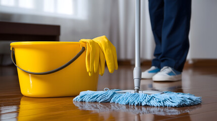 Professional cleaner mopping wooden floor in empty room, showcasing cleaning tools like yellow bucket and gloves, emphasizing cleanliness and attention to detail