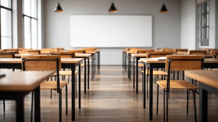 Empty Classroom with Desks and Whiteboard, Ready for Students and Learning, School Education