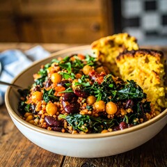 Hearty bowl of chili with quinoa, beans, chickpeas, and greens, served with cornbread