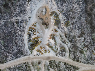 Aerial top down of Mediterranean Sea sand dunes from shipwreck beach near Thessaloniki