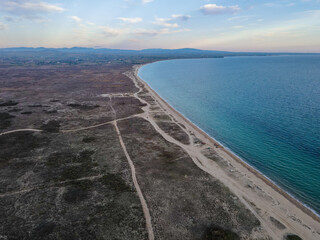 Aerial landscape wrecked boat Mediterranean Sea and Mount Olympus near shipwreck Thessaloniki
