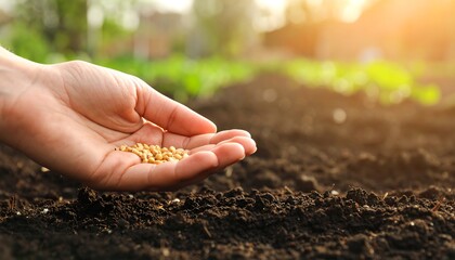 Hand holding seeds over fertile soil
