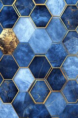 Blue and gold hexagons with marble-like textures, vector graphic on a white background