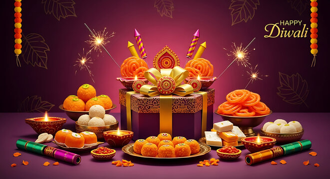Happy Diwali Celebration with Sweets and Sparklers