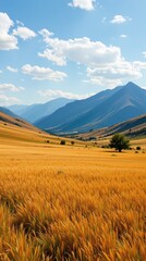 Fototapeta premium Golden Wheat Field with Mountain Backdrop and Cloudy Sky