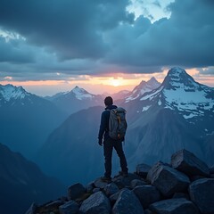 Lone Hiker with Backpack Standing on Rocky Peak Overlooking Snow Capped Mountains at Dusk