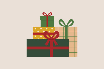 Stack of wrapped Christmas presents with ribbons and bows in various colors and patterns on beige background, festive holiday gift boxes. Flat vector illustration