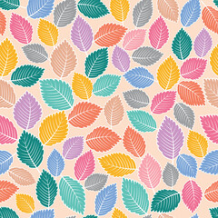 Vibrant seamless pattern of multicolored leaves on a soft background, perfect for fabric, wallpaper, wrapping paper, and decorative design projects