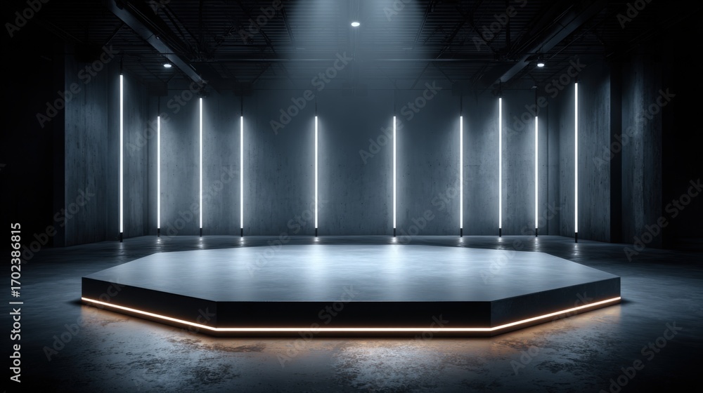 Poster illuminated hexagon stage with vertical lights against dark background, ideal for product display an
