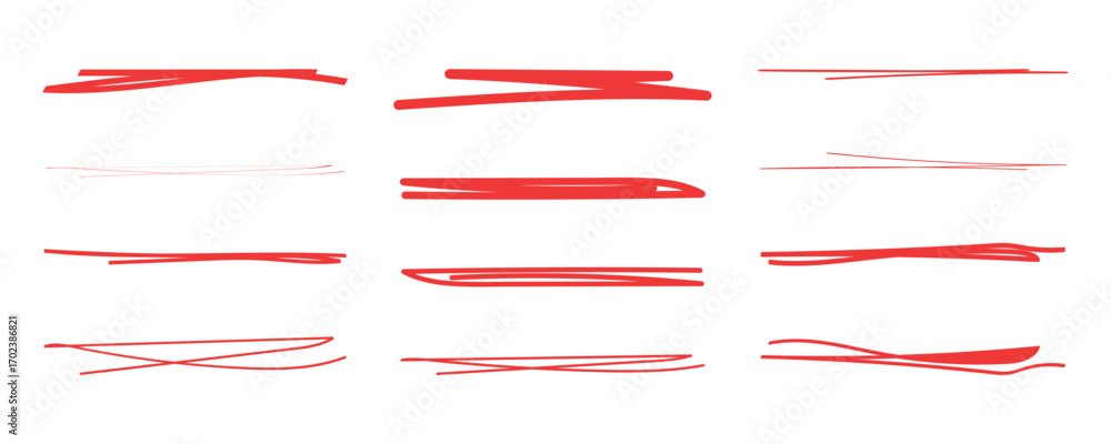 Poster red marker strokes set. hand drawn lines for underlining text. grunge brush paint stripes. highlight