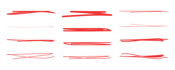 Red marker strokes set. Hand drawn lines for underlining text. Grunge brush paint stripes. Highlight scribble. Correction cross out sign. Vector design element collection isolated.