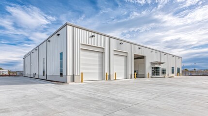Modern Commercial Building Exterior with Metal Cladding, Loading Doors, and Spacious Parking Lot on a Sunny Day