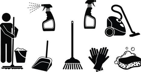 Industrial and commercial janitorial cleaning services vector illustration icons, silhouette. 